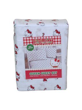 Hello Kitty & Friends Queen Sheet Set 100% Cotton Holiday Candy Canes Christmas